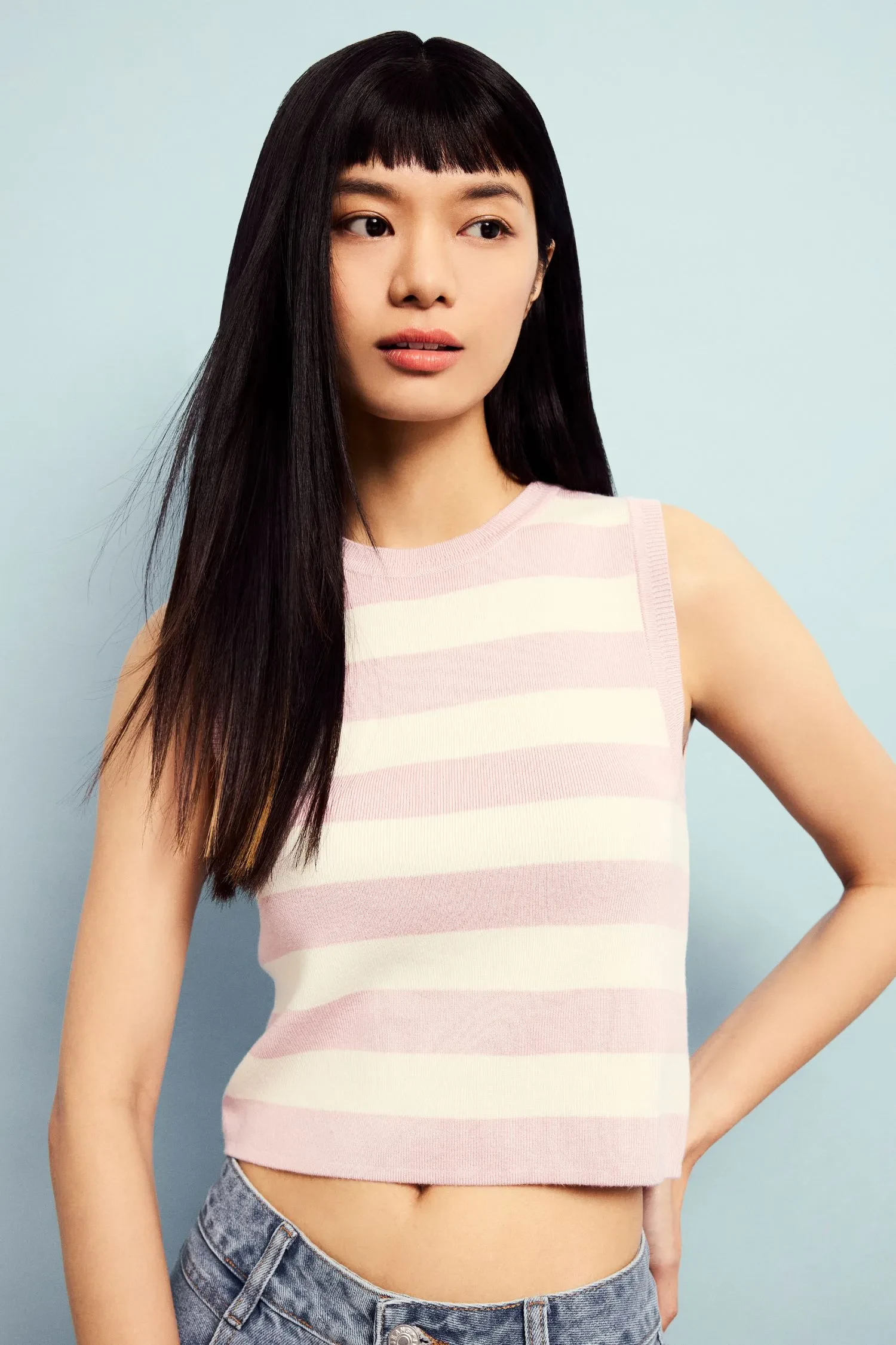 CONTRAST STRIPES KNIT TOP - PASTEL LILAC