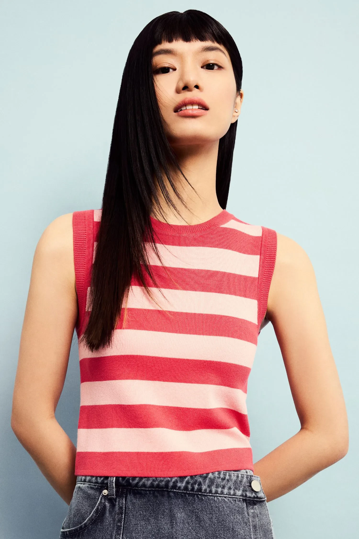 CONTRAST STRIPES KNIT TOP - CARMINE