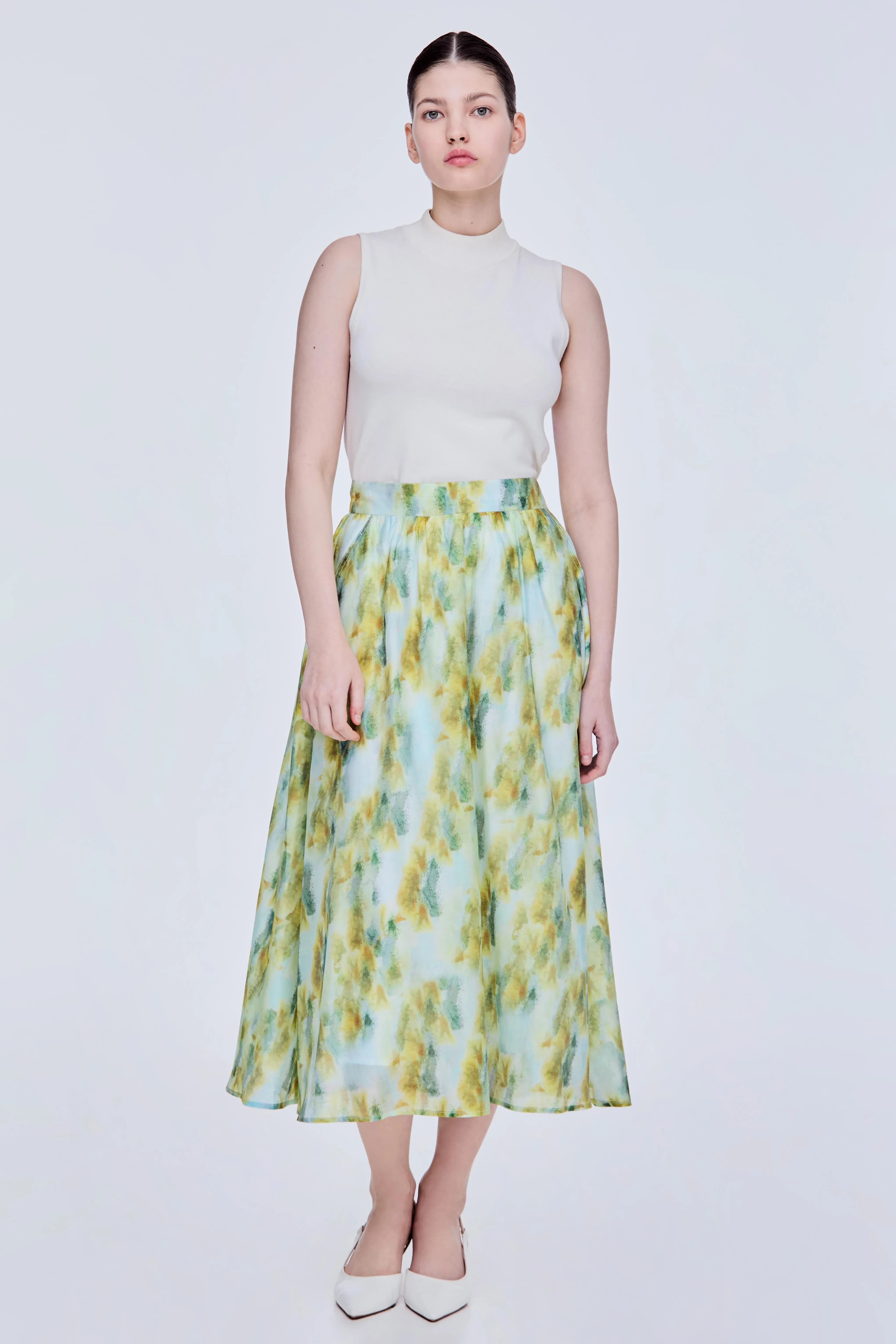 FLOWY FLARE SKIRT - OLIVE PRINTS