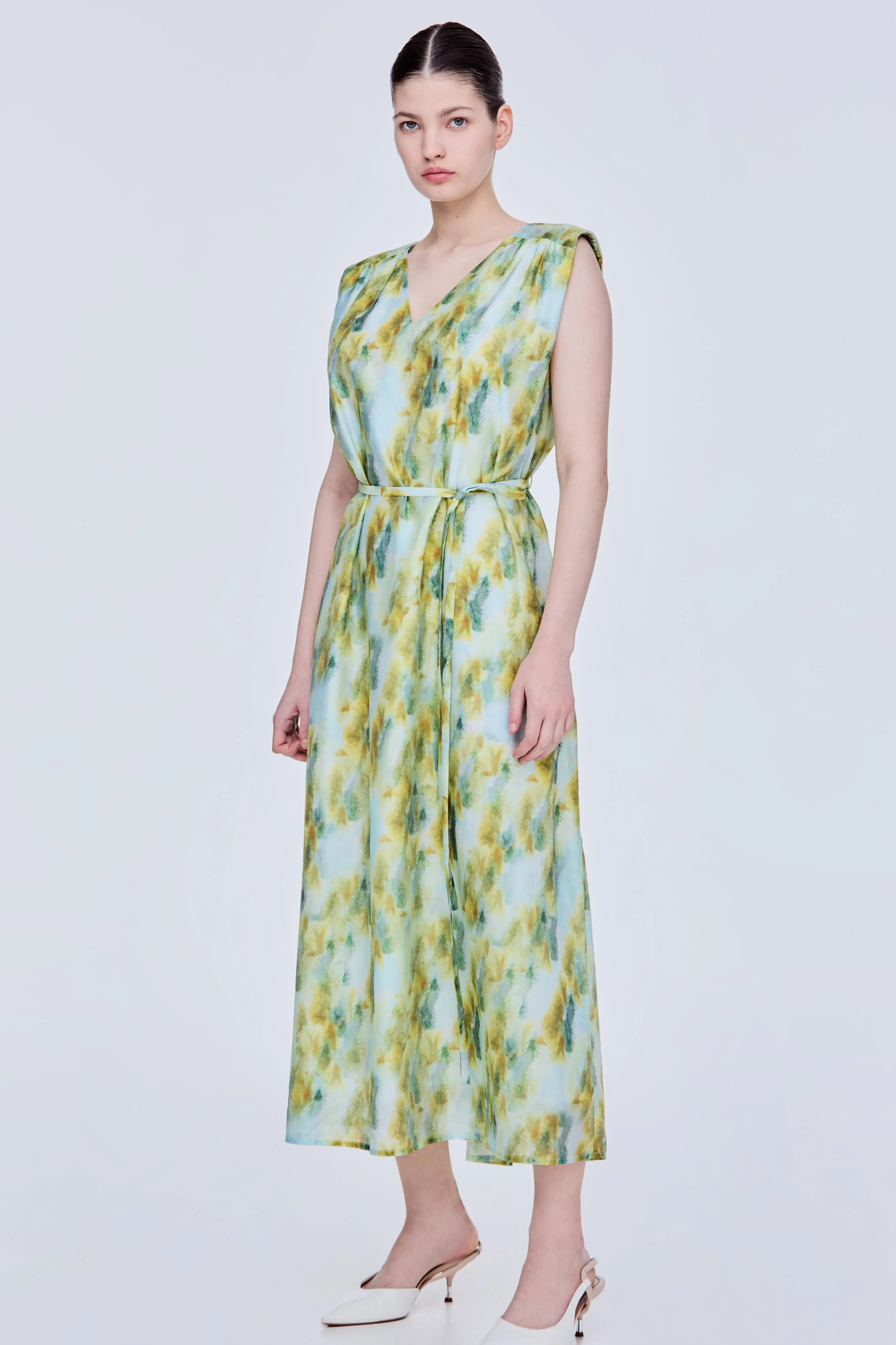 FLOWY PRINTED V-NECK DRESS - OLIVE PRINTS