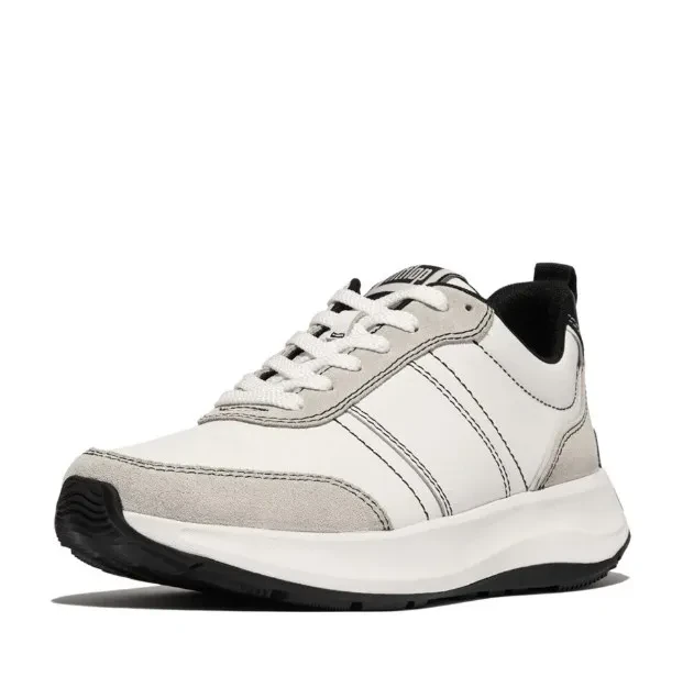 F-MODE CONTRAST STITCH LEATHER FLATFORM SNEAKERS - URBAN WHITE/BLACK