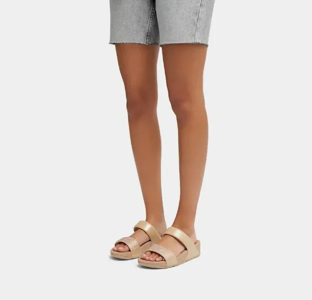 LULU CRYSTAL EMBELLISHED SLIDES - LATTE BEIGE