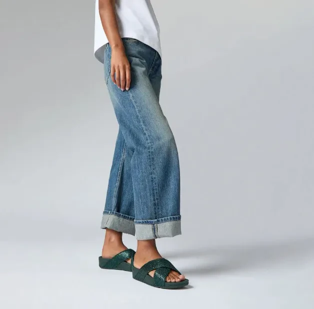LULU GLITTERBALL CROSS SLIDES - METALLIC DEEP TEAL