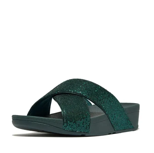 LULU GLITTERBALL CROSS SLIDES - METALLIC DEEP TEAL