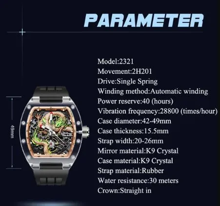 HAOFA 3D DRAGON CRYSTAL AUTOMATIC WATCH 2321