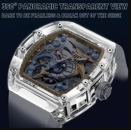HAOFA 2322 3D CRAZY SHARK TRANSPARENT CRYSTAL SUPER LUMINOUS AUTOMATIC WINDING 40H WATCH