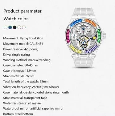 HAOFA CRYSTAL CASE SKELETON TOURBILLON GMT WATCH 2101