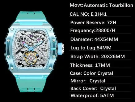 HAOFA K9 COLOR CRYSTAL CASE SKELETON AUTOMATIC TOURBILLON DOUBLE BARREL WATCH 2201-1