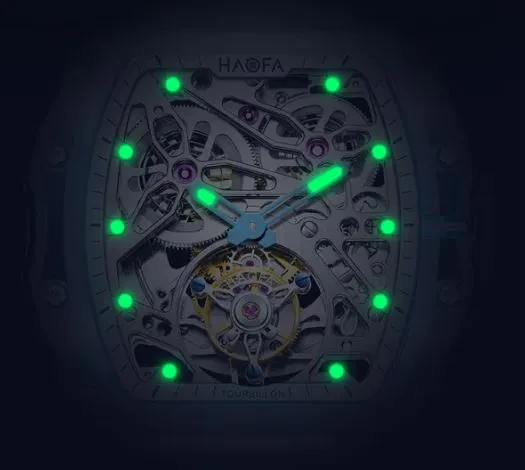 HAOFA K9 COLOR CRYSTAL CASE SKELETON AUTOMATIC TOURBILLON DOUBLE BARREL WATCH 2201-1