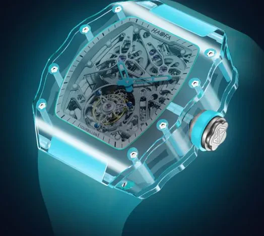 HAOFA K9 COLOR CRYSTAL CASE SKELETON AUTOMATIC TOURBILLON DOUBLE BARREL WATCH 2201-1