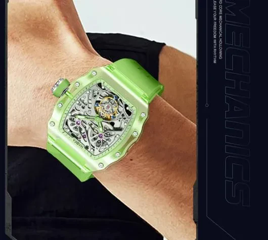 HAOFA K9 COLOR CRYSTAL CASE SKELETON AUTOMATIC TOURBILLON DOUBLE BARREL WATCH 2201-1