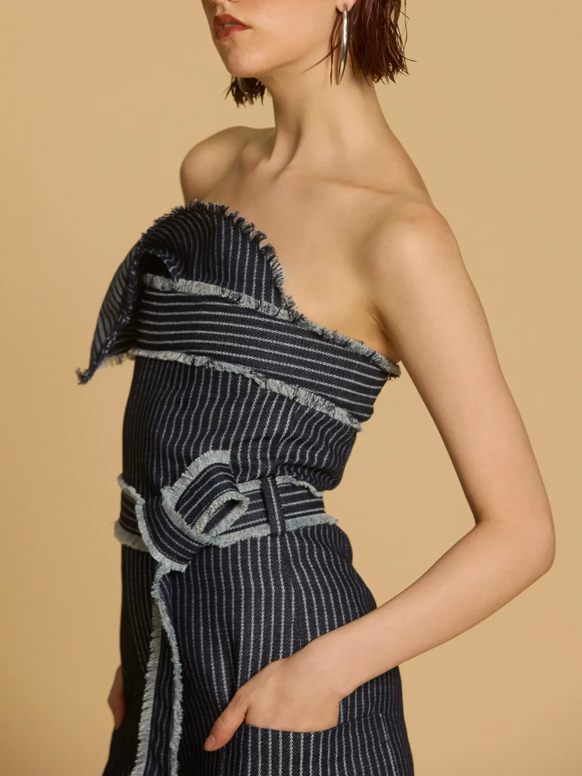 STRIPED DENIM STRAPLESS JUMPSUIT