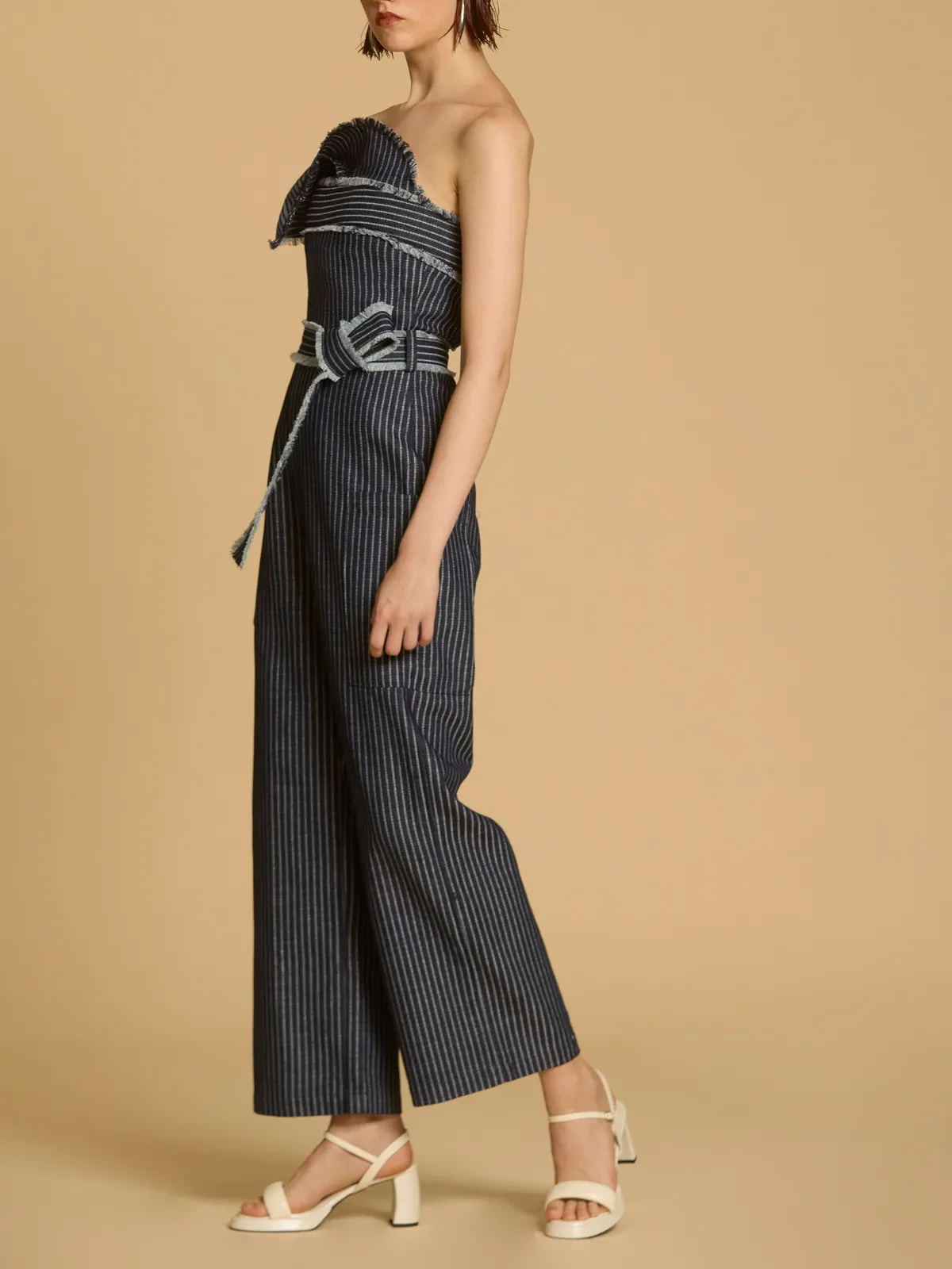 STRIPED DENIM STRAPLESS JUMPSUIT