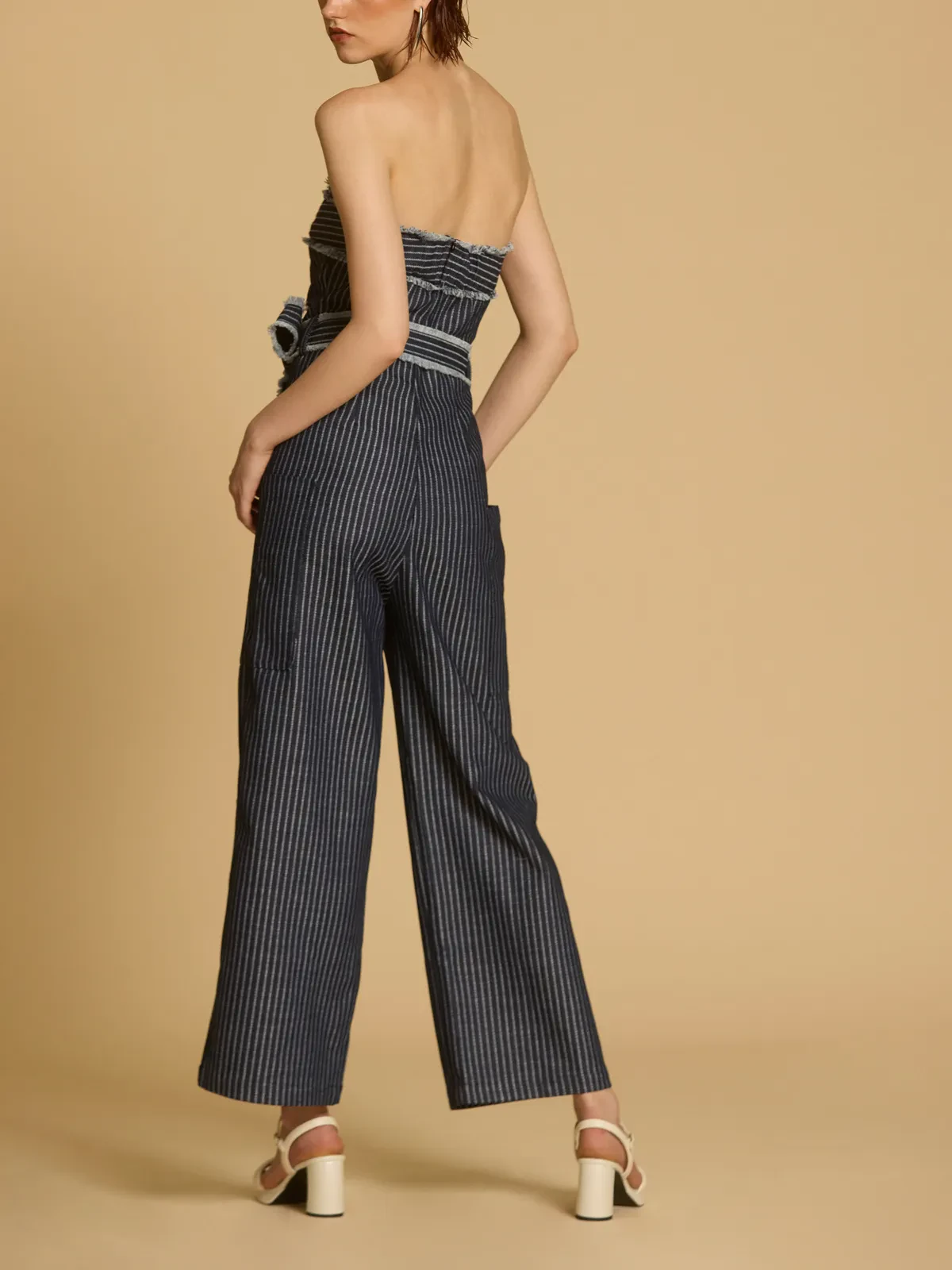 STRIPED DENIM STRAPLESS JUMPSUIT