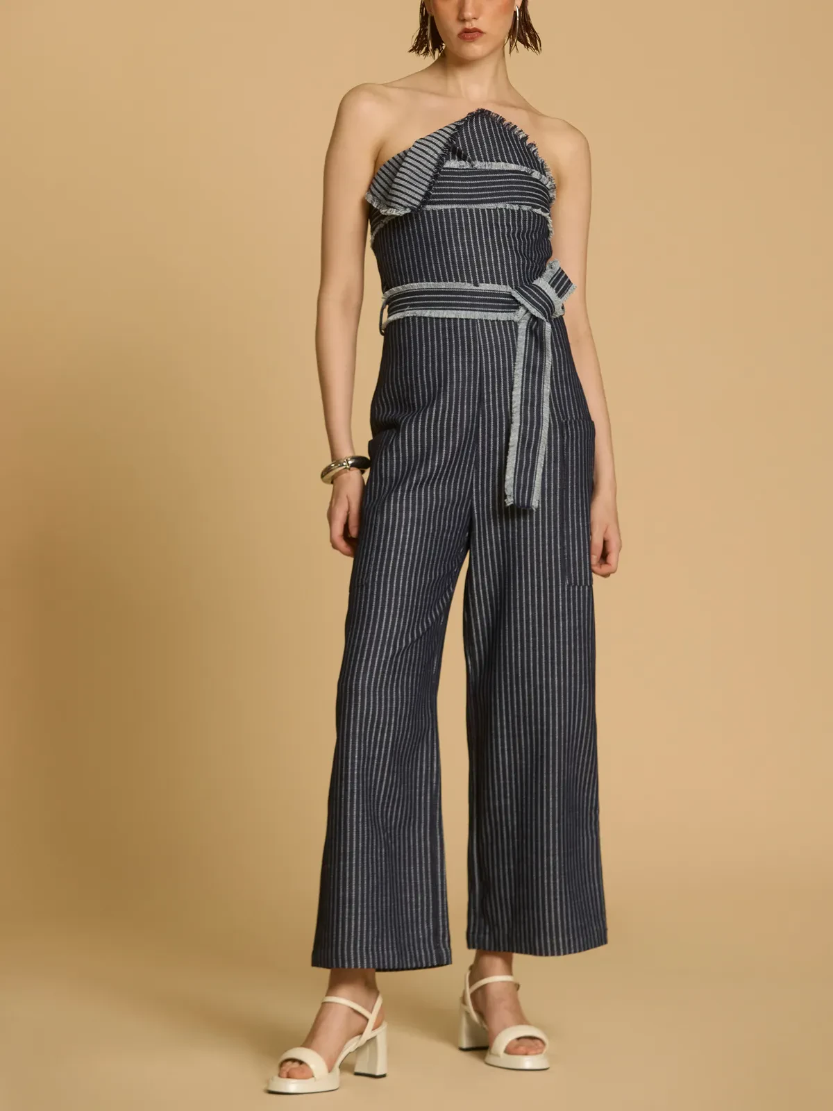 STRIPED DENIM STRAPLESS JUMPSUIT