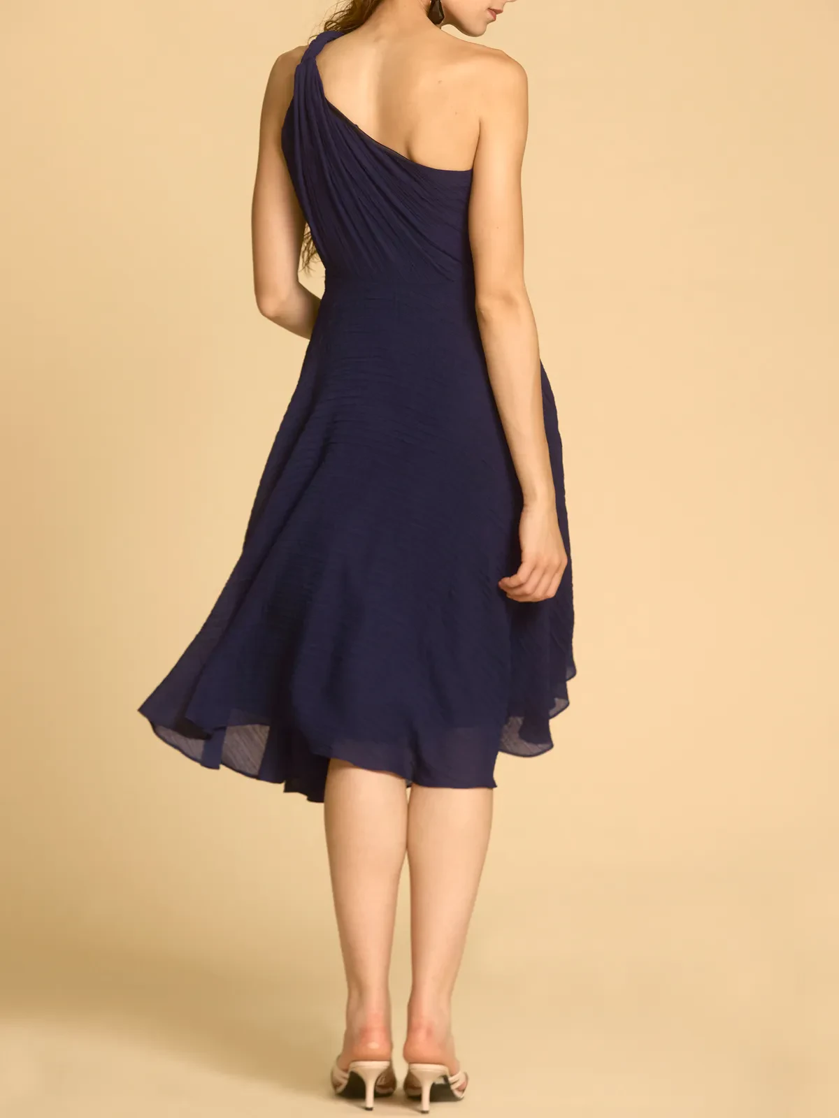 BRAIDED ONE SHOULDER FLARE DRESS IN CRINKLED CHIFFON