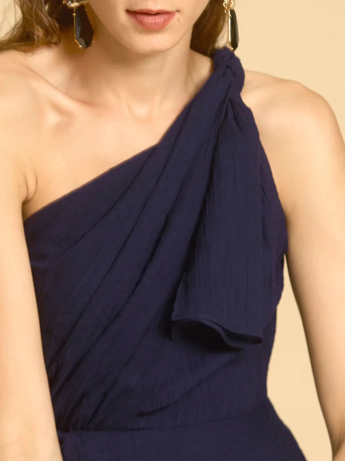 BRAIDED ONE SHOULDER FLARE DRESS IN CRINKLED CHIFFON