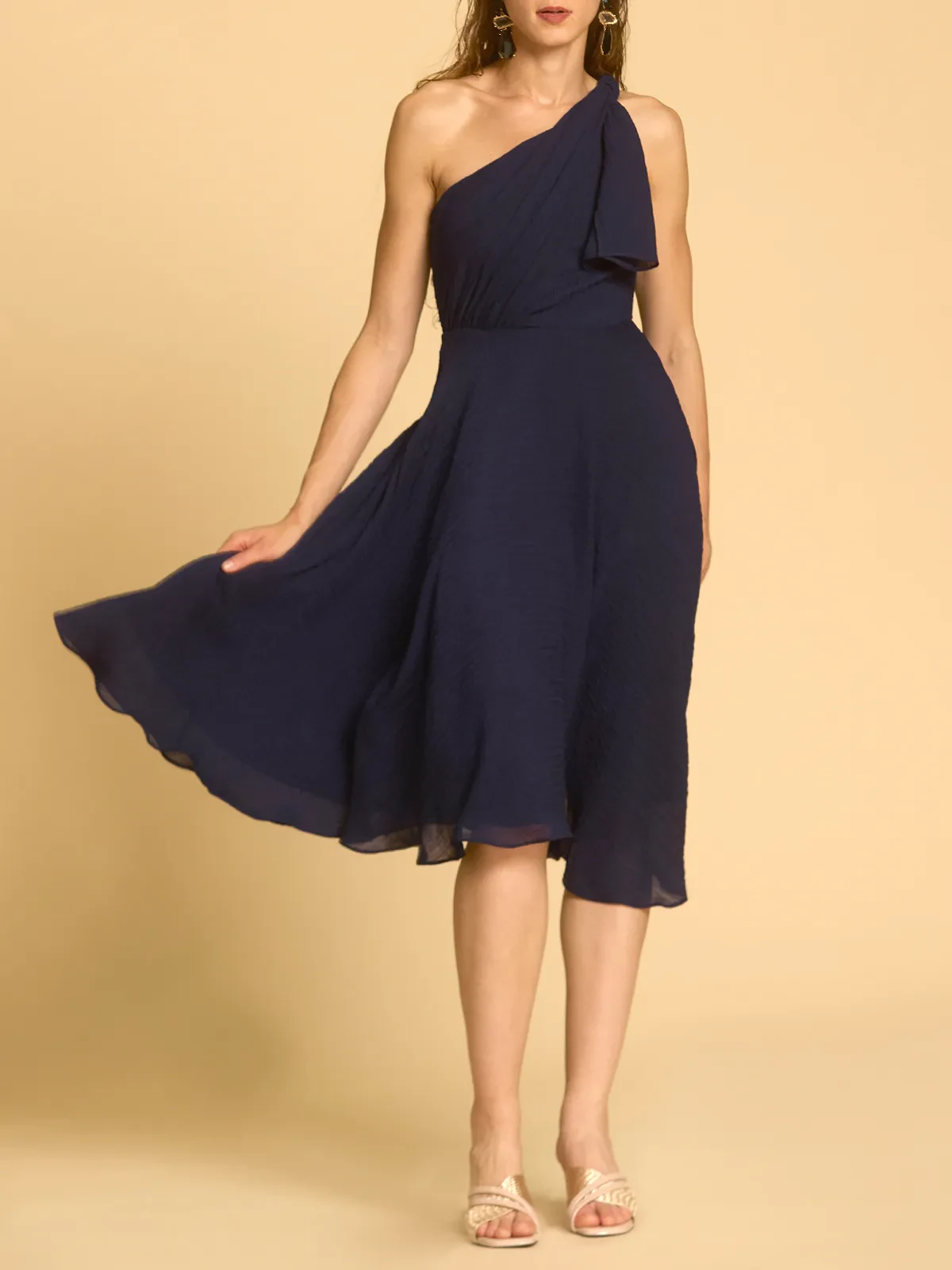 BRAIDED ONE SHOULDER FLARE DRESS IN CRINKLED CHIFFON