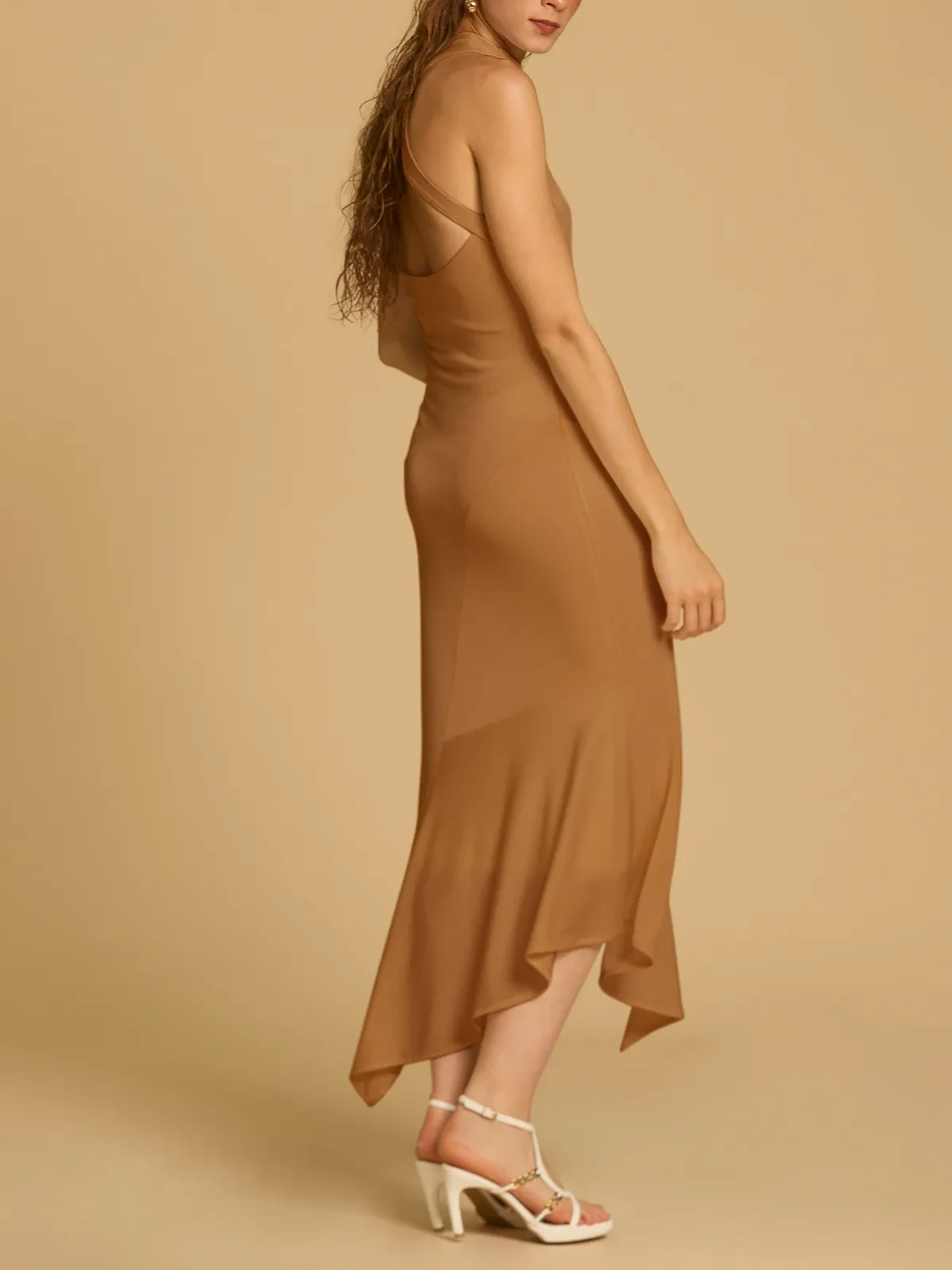 HIGH NECK ASYMMETRIC MIDI DRESS IN SOFT RIBBED KNIT