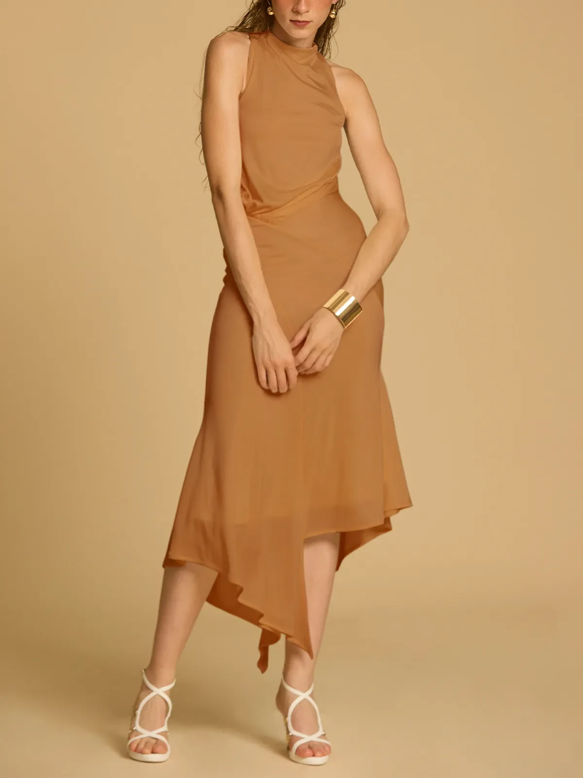 HIGH NECK ASYMMETRIC MIDI DRESS IN SOFT RIBBED KNIT