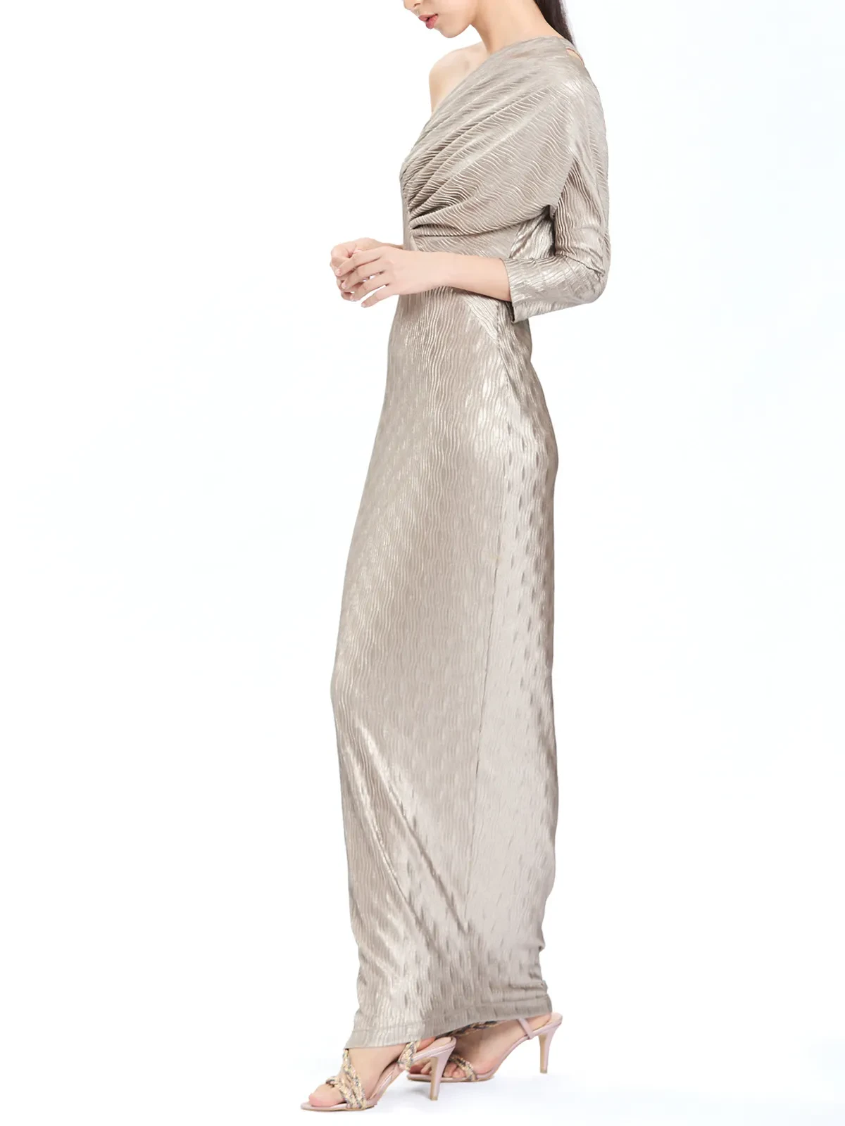 ONE SHOULDER RUCHED BODICE LONG DRESS