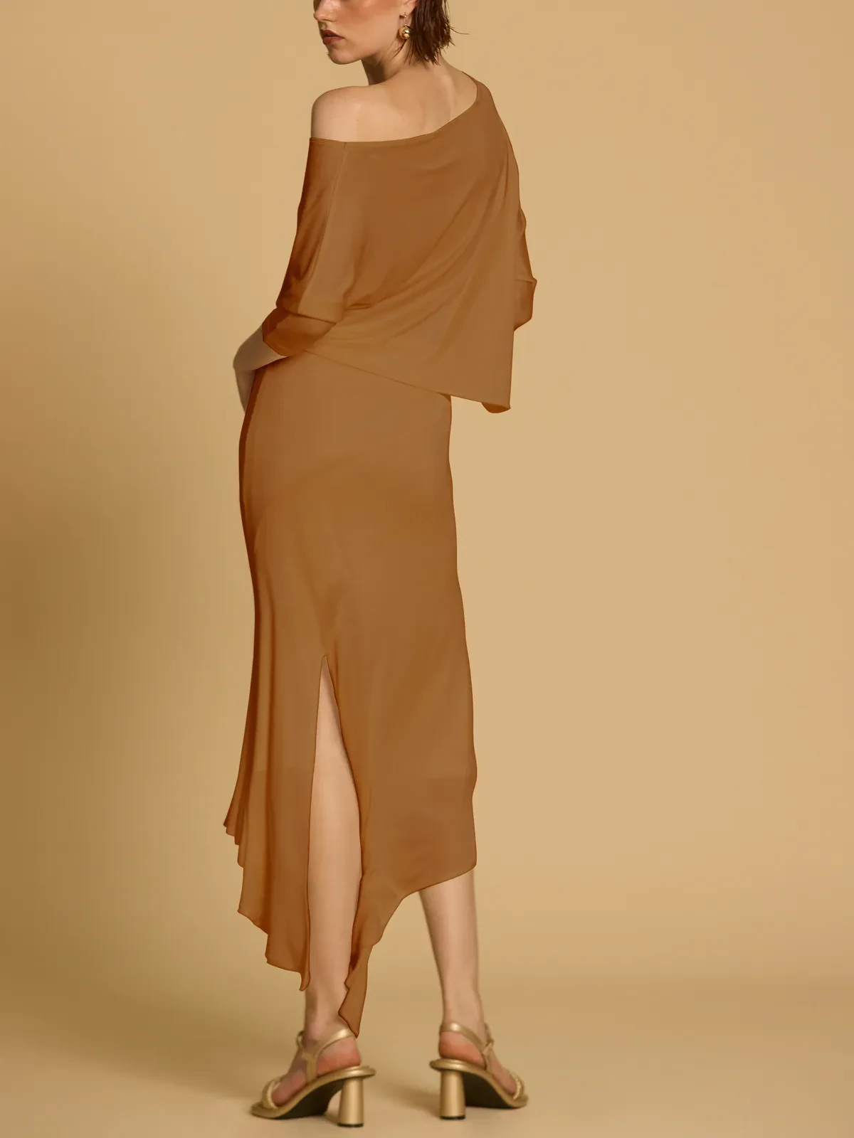 ASYMMETRIC SHOULDER PANELED MIDI DRESS IN SOFT RIBBED KNIT