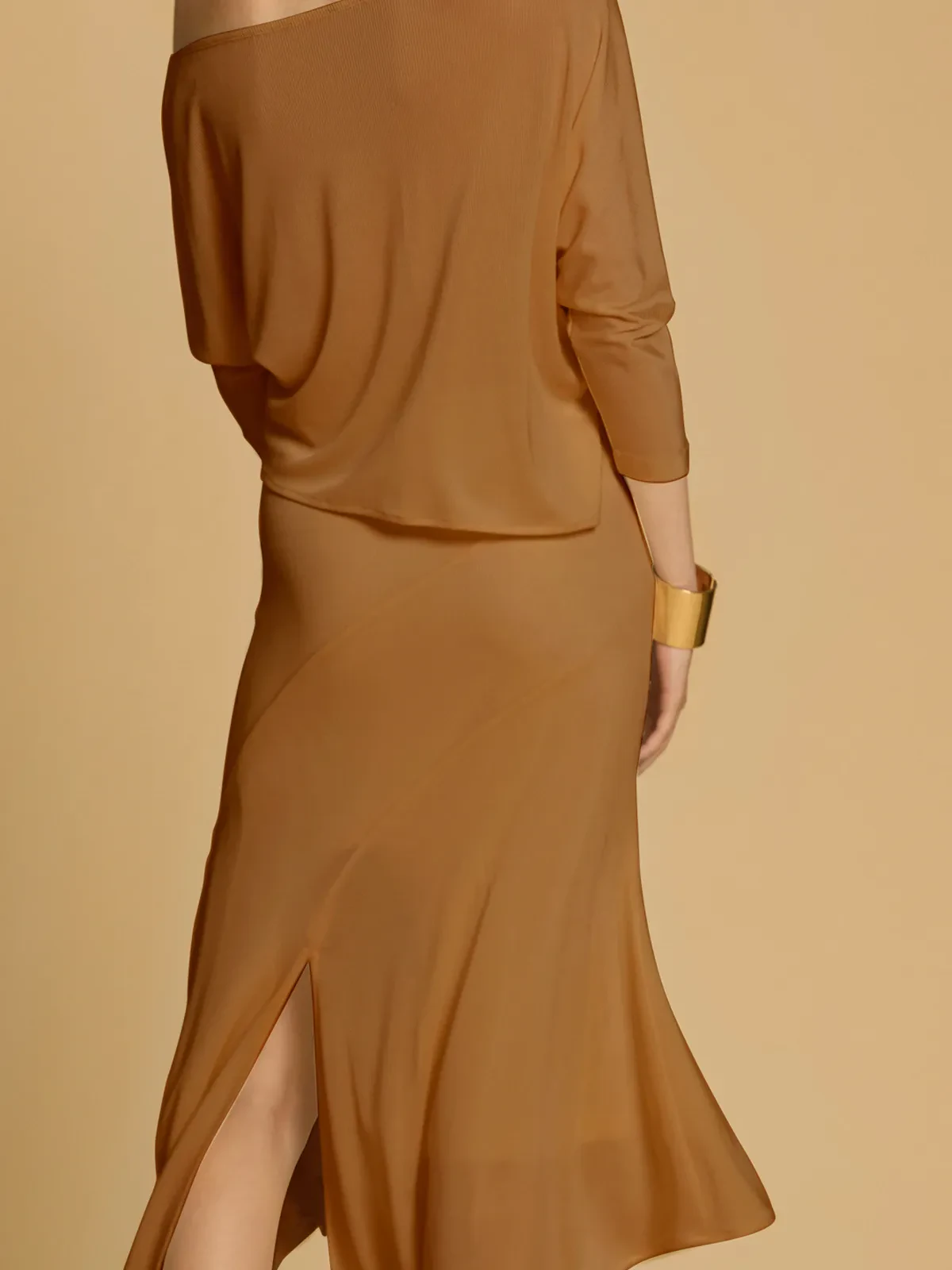 ASYMMETRIC SHOULDER PANELED MIDI DRESS IN SOFT RIBBED KNIT