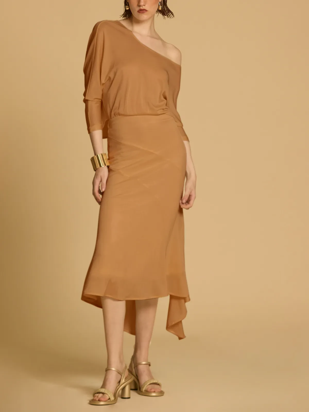 ASYMMETRIC SHOULDER PANELED MIDI DRESS IN SOFT RIBBED KNIT