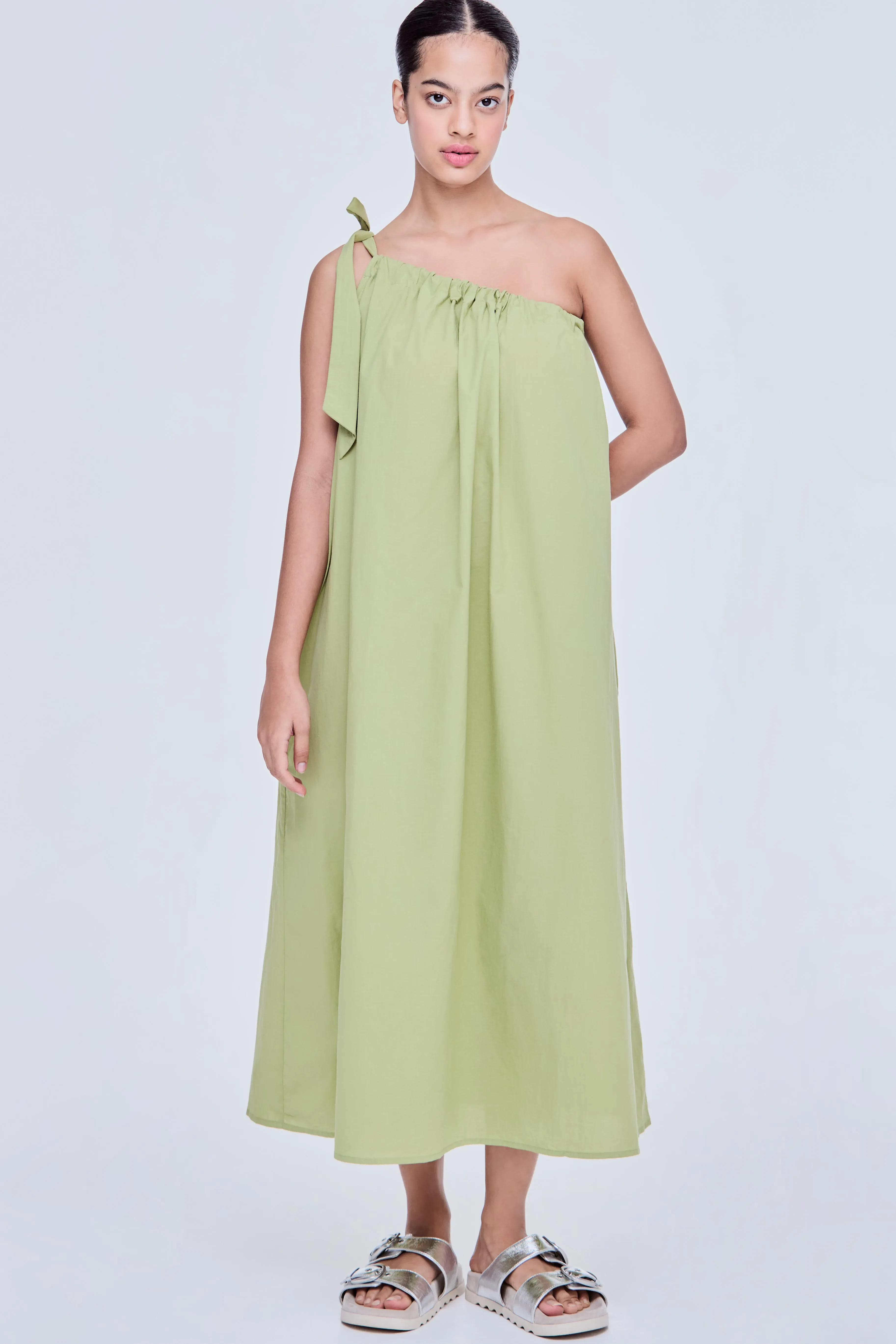 SELF TIE ASYMMETRICAL TOGO DRESS - OLIVE