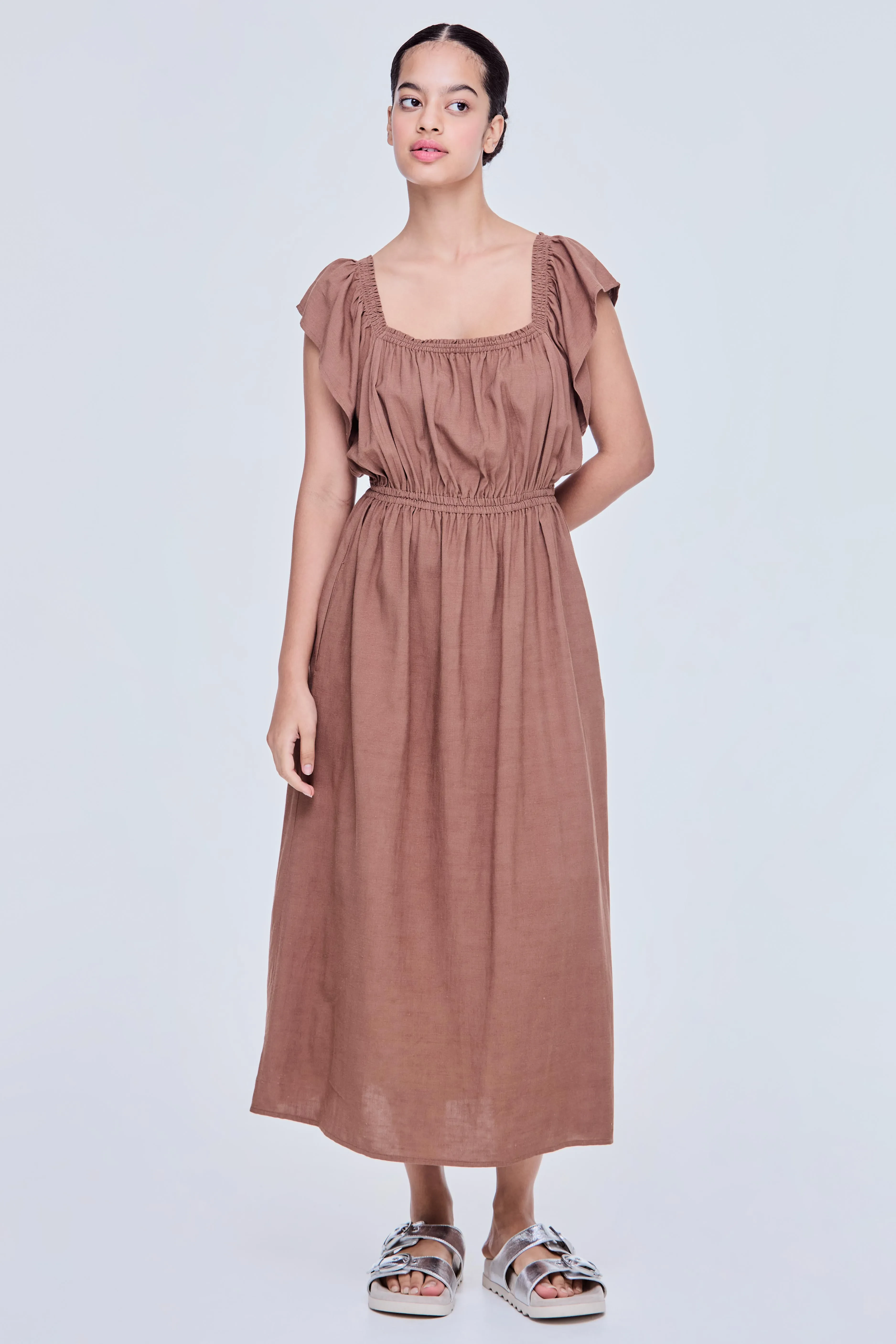 FLOWY MIDI DRESS - BROWN