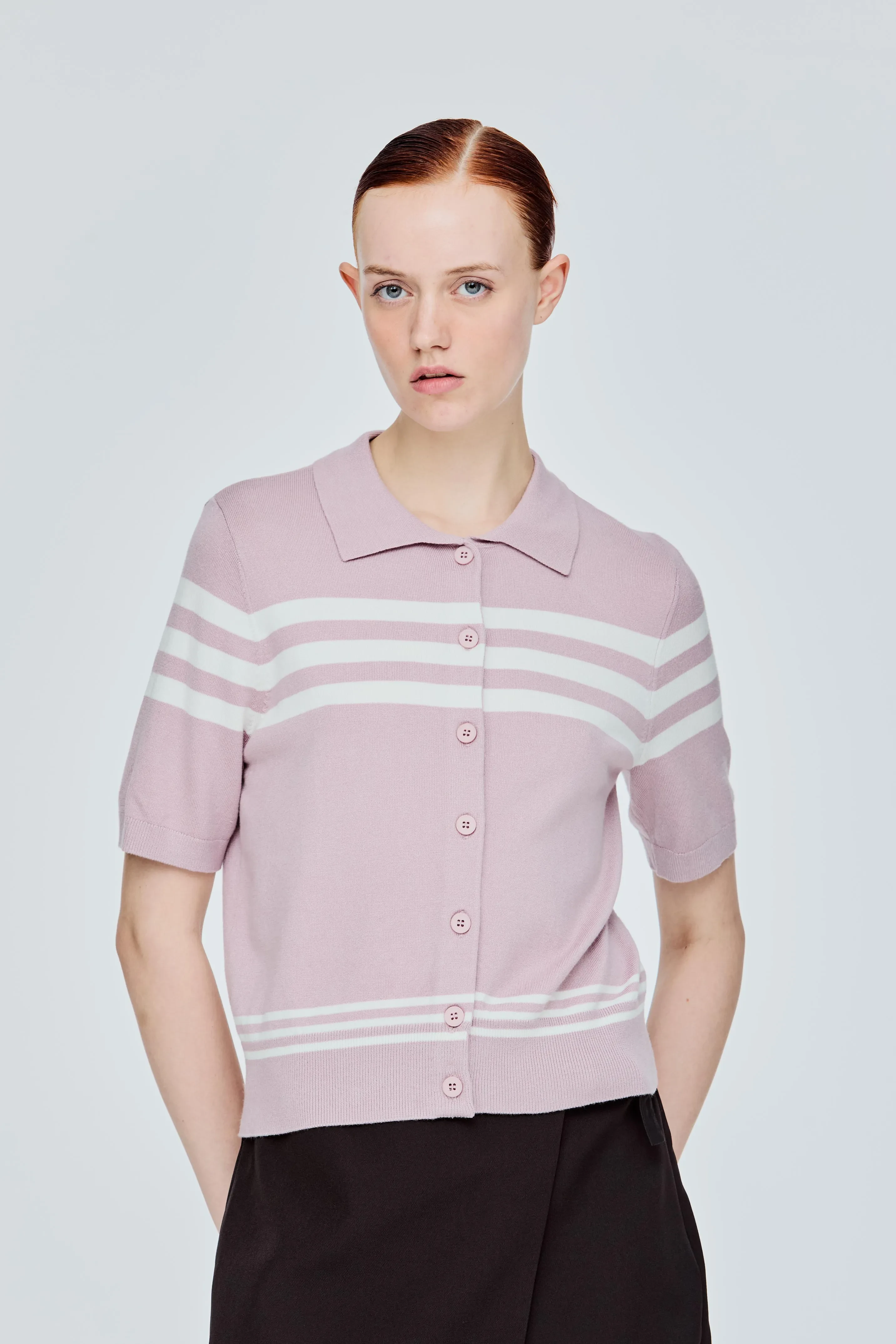STRIPES BUTTON DOWN KNIT BLOUSE - DUSK PINK