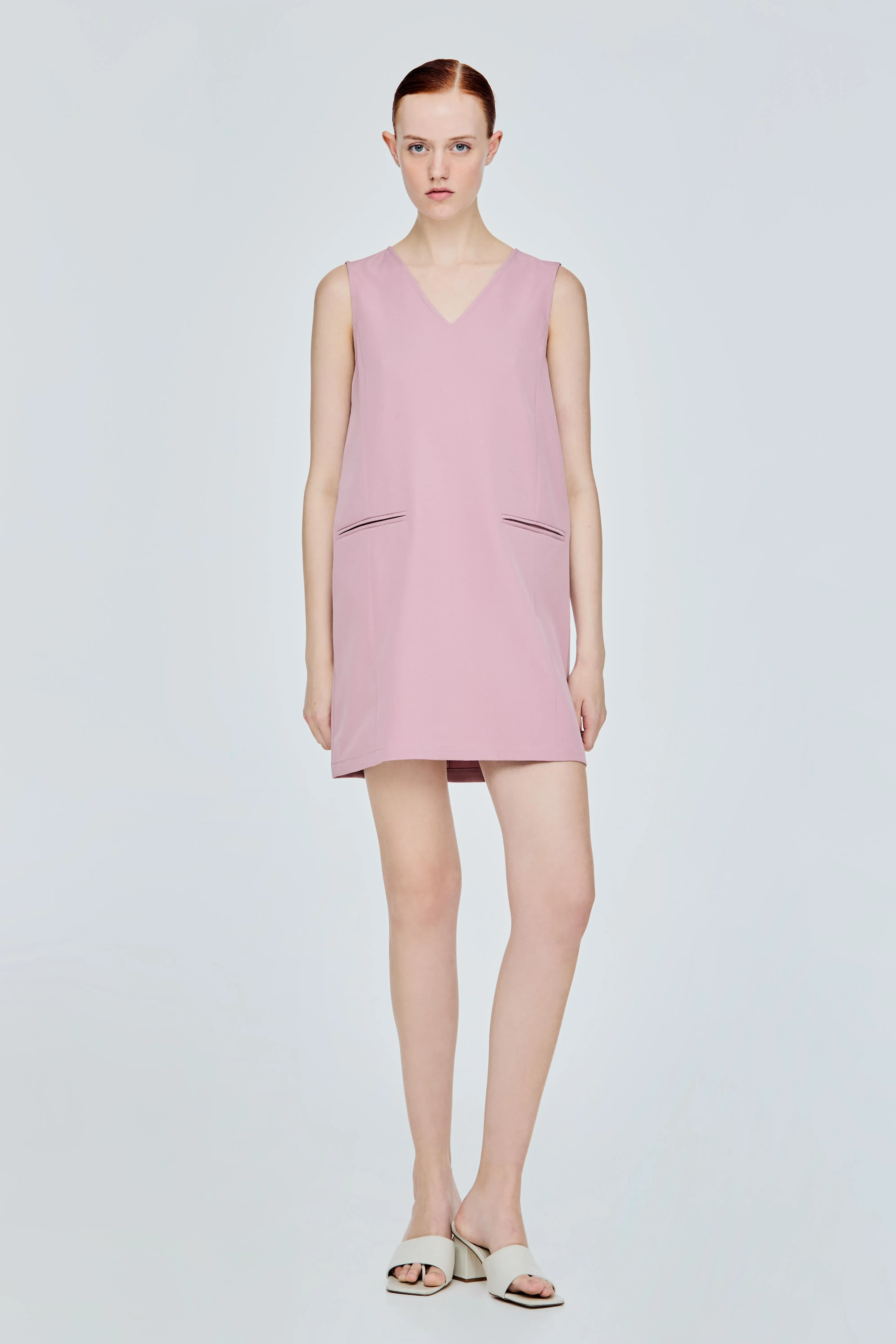 SLEEVELESS V-NECK SHIFT DRESS - DUSK PINK