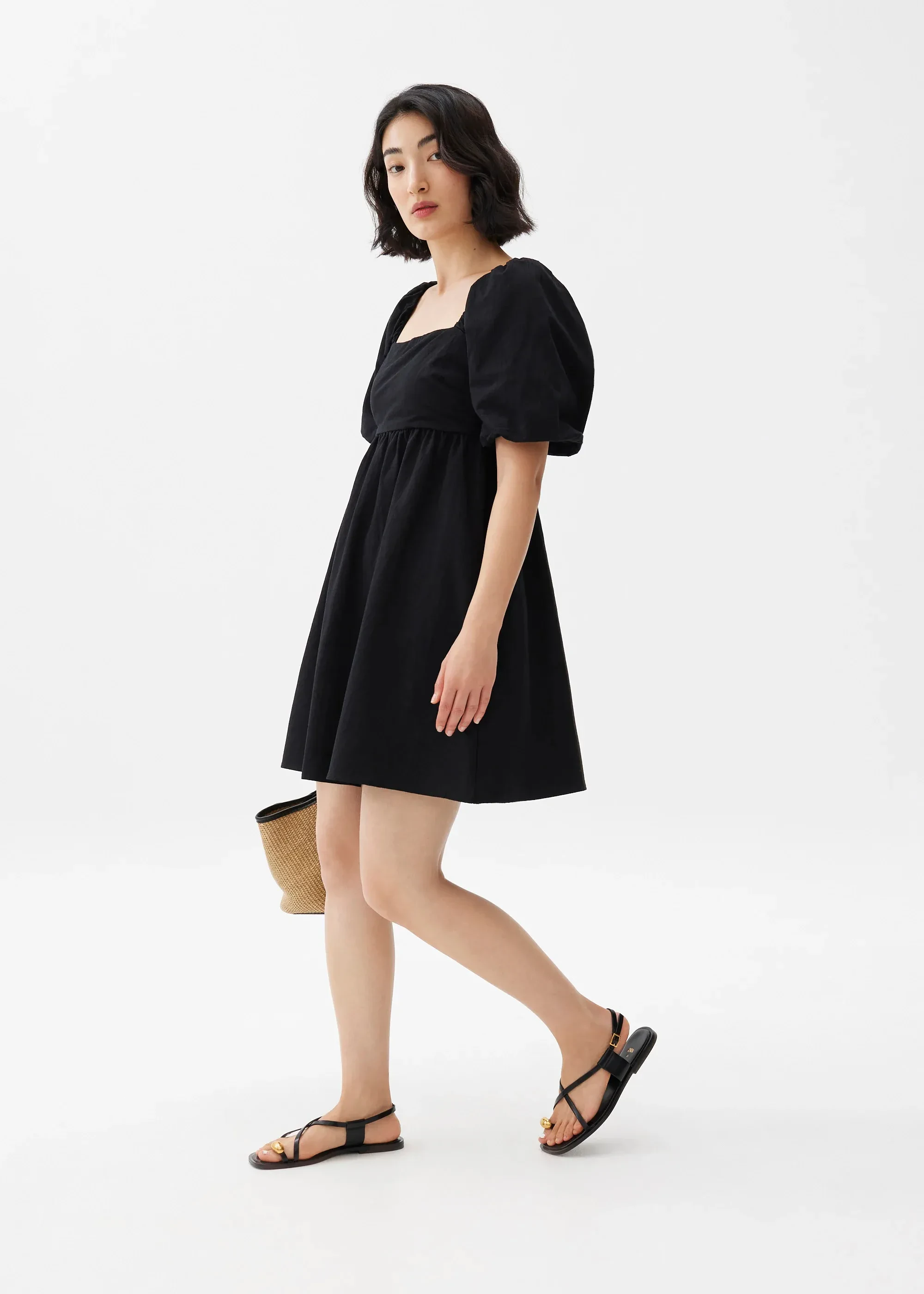 PUFF SLEEVE BABYDOLL MINI DRESS - BLACK