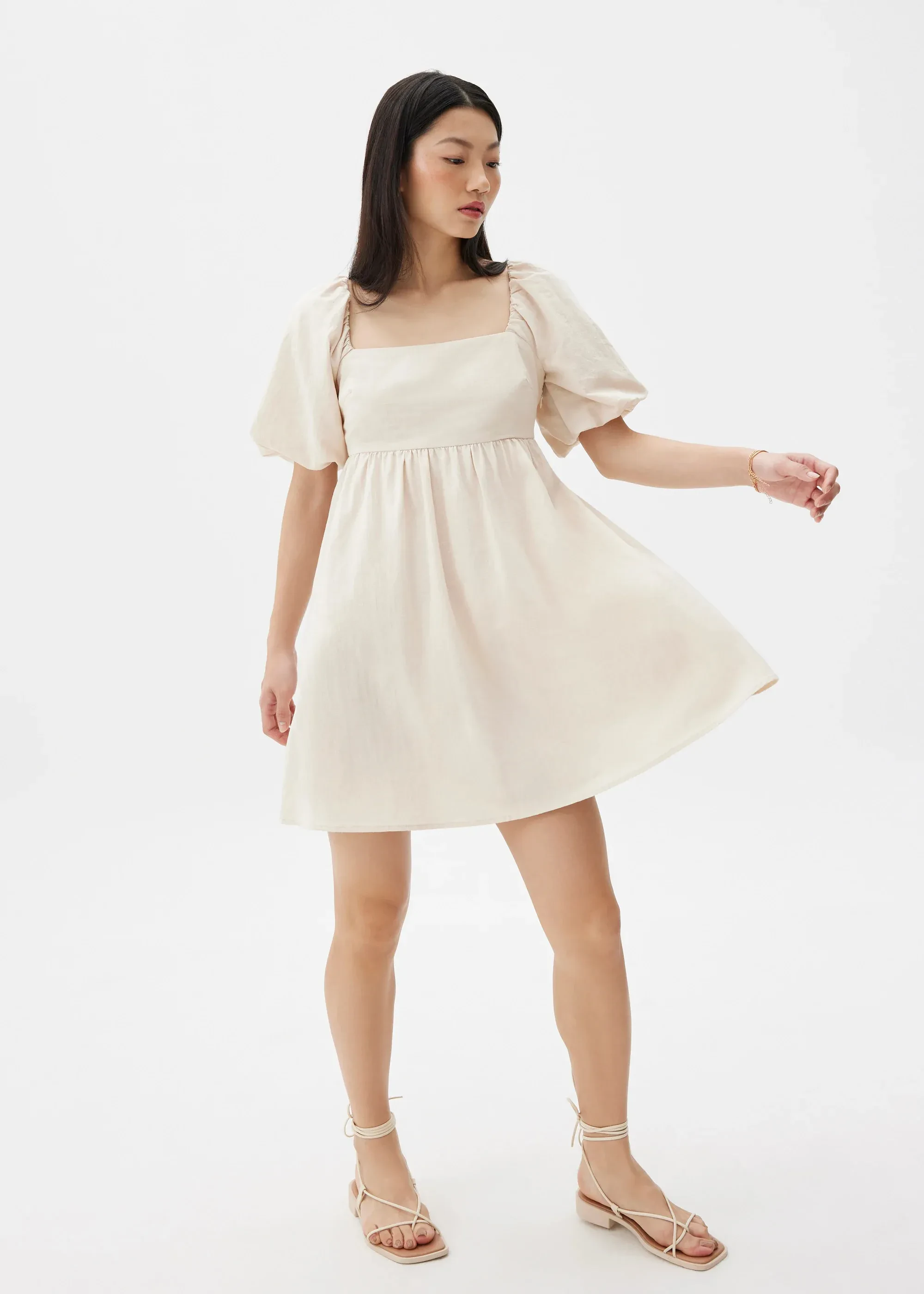 PUFF SLEEVE BABYDOLL MINI DRESS - IVORY