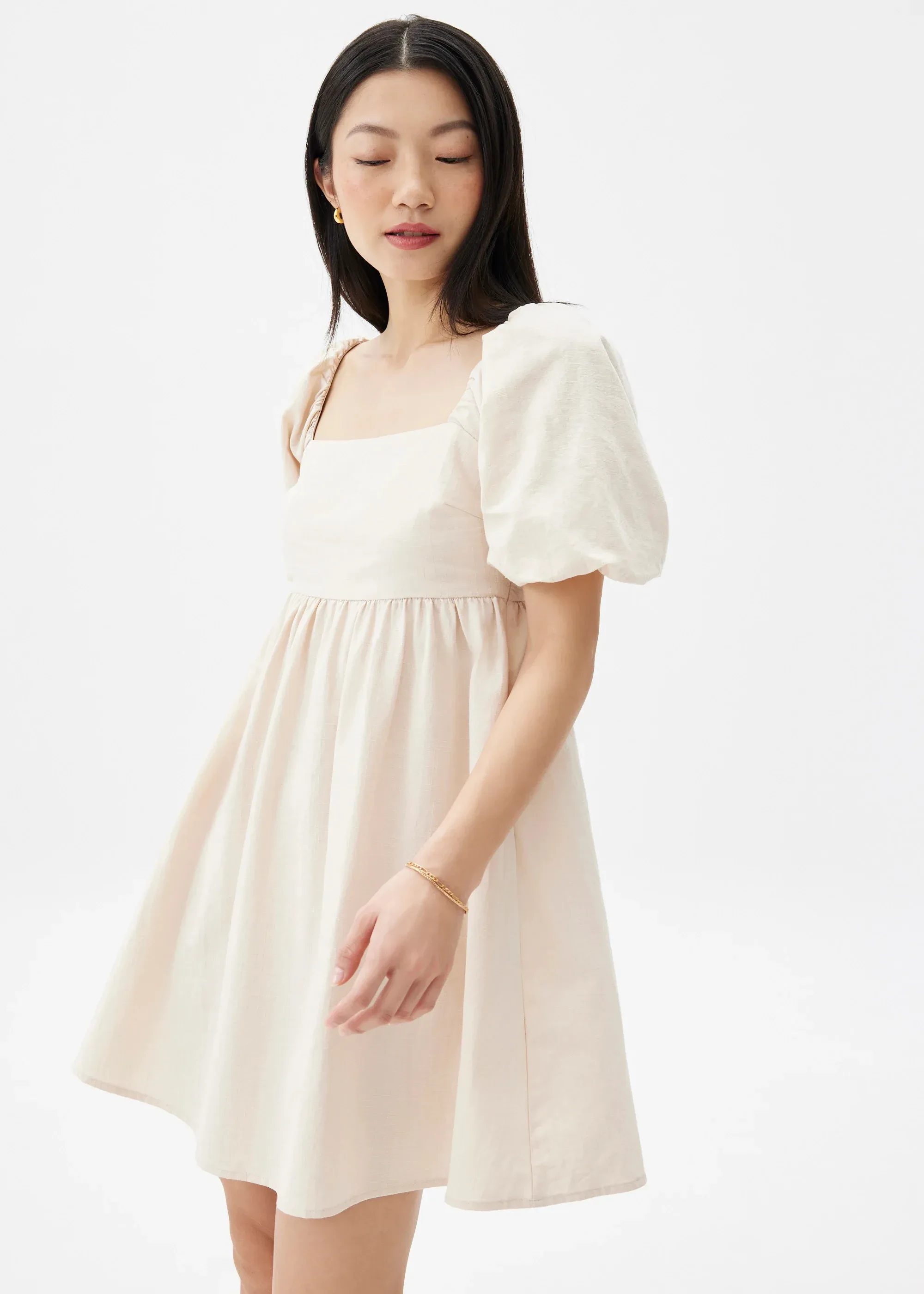 PUFF SLEEVE BABYDOLL MINI DRESS - IVORY