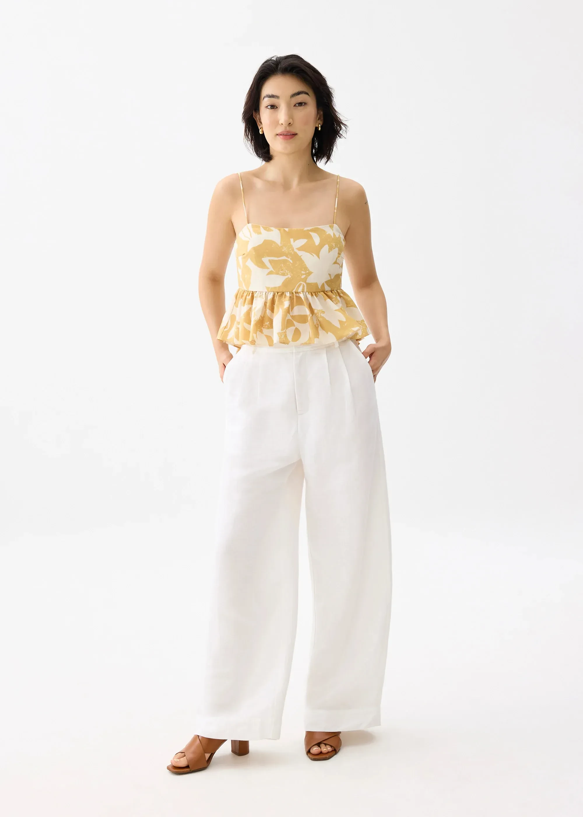 PADDED BABYDOLL PEPLUM TOP IN SUNBURST - GOLD