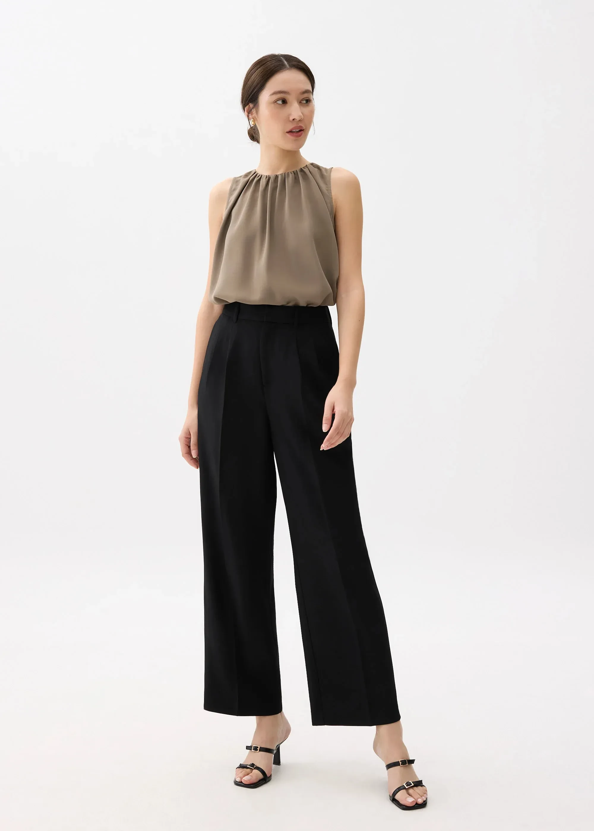 RUCHED ROUND NECK SHELL TOP - CLAY