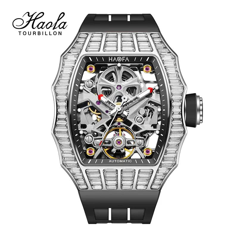HAOFA TRAPEZOIDAL BLACK WHITE CRYSTAL AUTOMATIC WATCH 1983