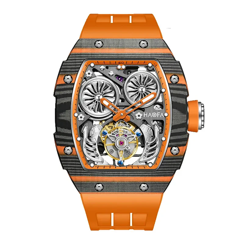 HAOFA AUTOMATIC TOURBILLON DOUBLE BARRELS MOVEMENT 72 HOURS POWER NTPT(CARBON FIBER）BEZEL TITANIUM MAGNESIUM CASE 1922