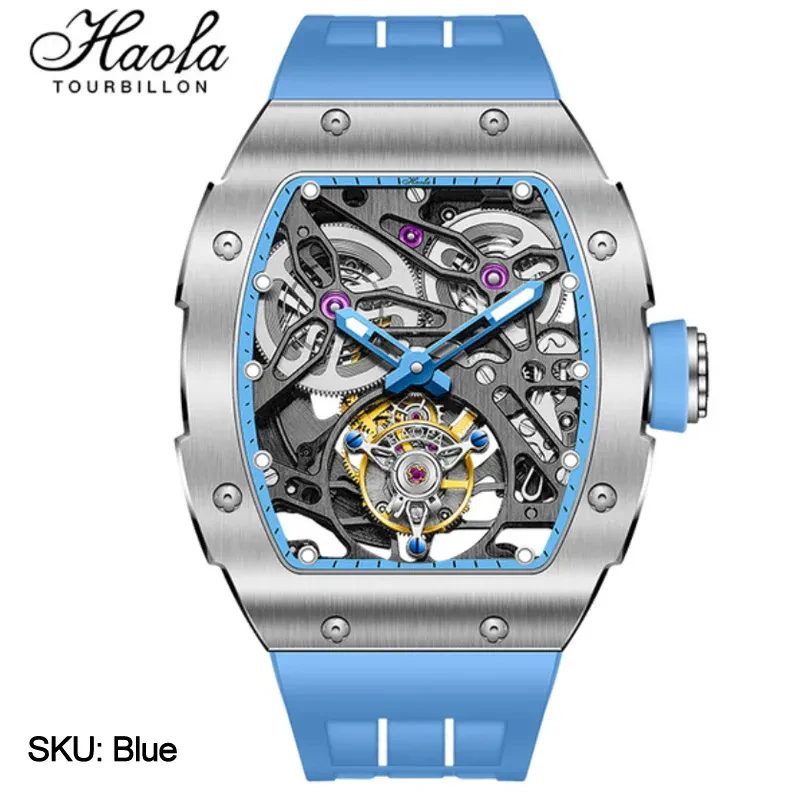 HAOFA 1908 AUTOMATIC TOURBILLON DOUBLE SPRING 72 HOURS POWER FREE SPRUNG BALANCE WHEEL WATHCES RUBBER STRAP SAPPHIRE CRYSTAL