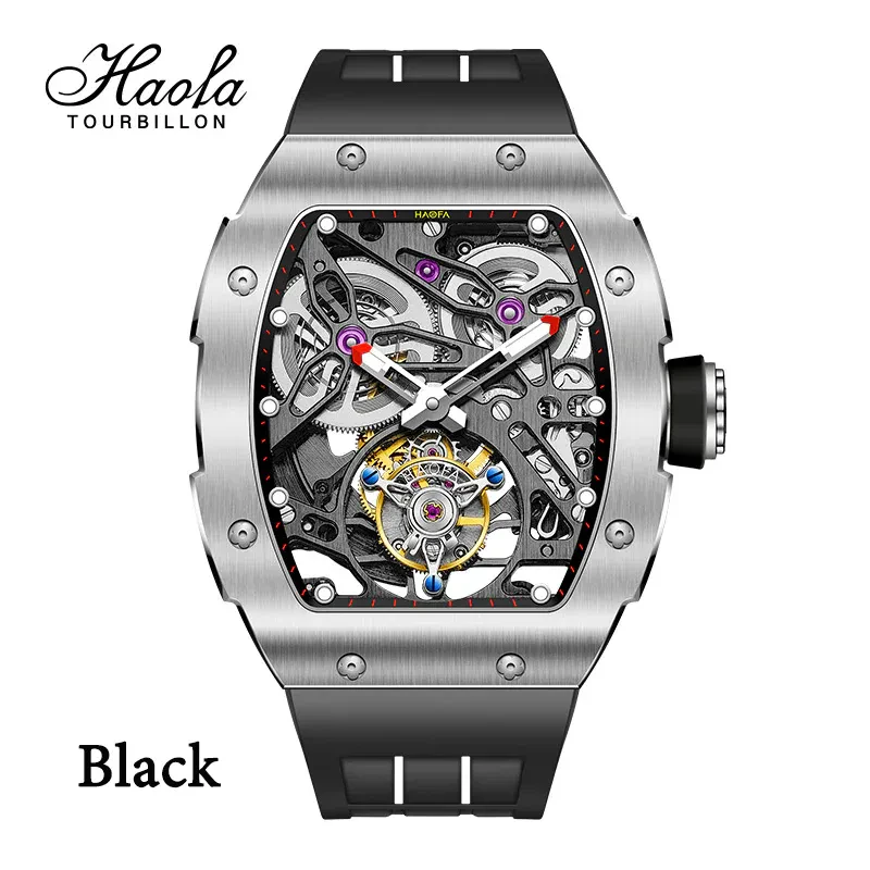 HAOFA 1908 AUTOMATIC TOURBILLON DOUBLE SPRING 72 HOURS POWER FREE SPRUNG BALANCE WHEEL WATHCES RUBBER STRAP SAPPHIRE CRYSTAL