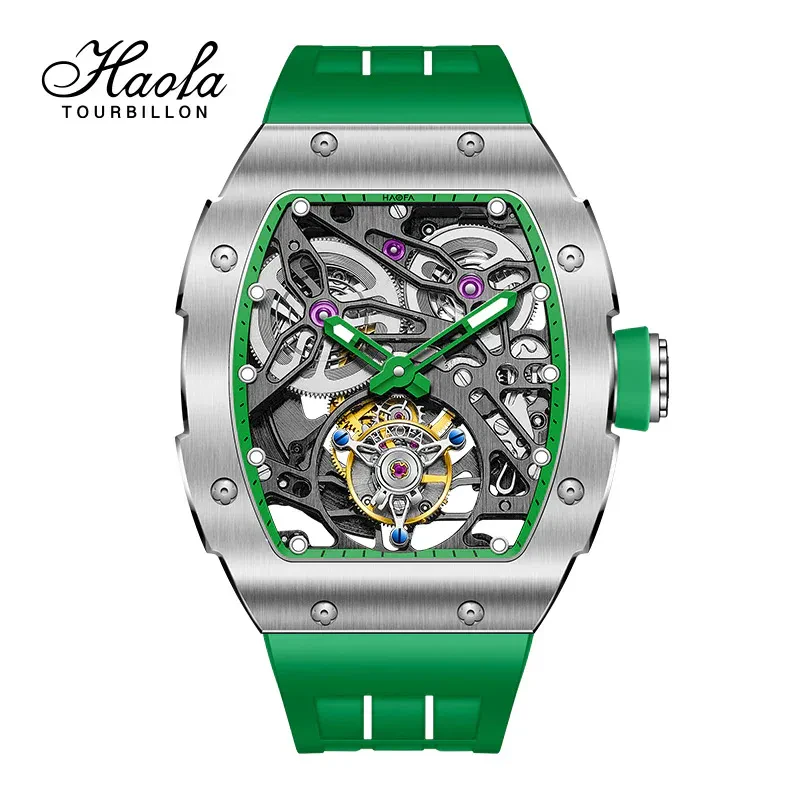 HAOFA 1908 AUTOMATIC TOURBILLON DOUBLE SPRING 72 HOURS POWER FREE SPRUNG BALANCE WHEEL WATHCES RUBBER STRAP SAPPHIRE CRYSTAL