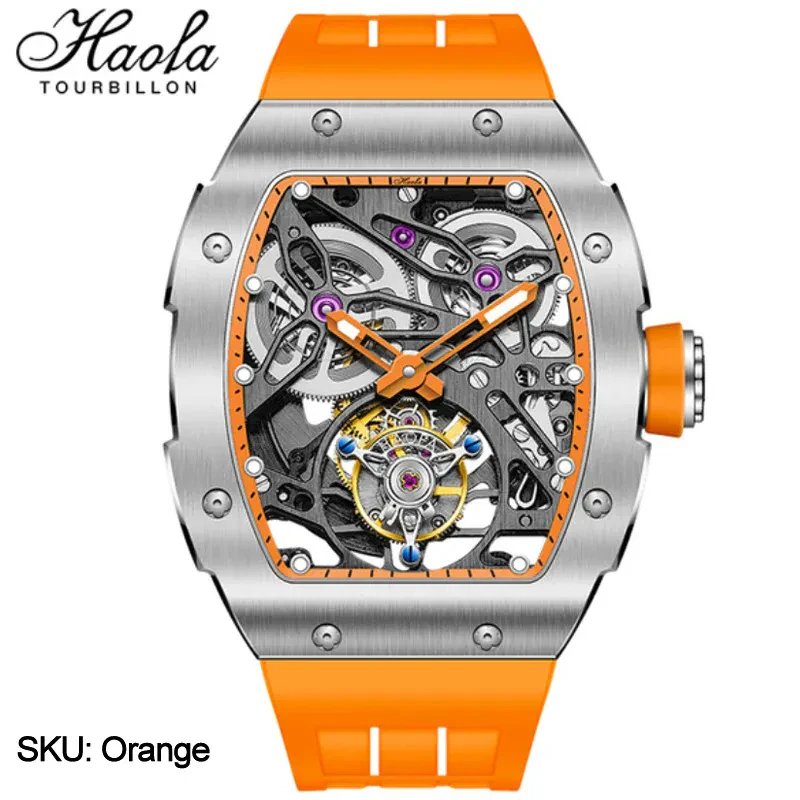 HAOFA 1908 AUTOMATIC TOURBILLON DOUBLE SPRING 72 HOURS POWER FREE SPRUNG BALANCE WHEEL WATHCES RUBBER STRAP SAPPHIRE CRYSTAL