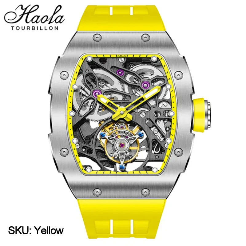 HAOFA 1908 AUTOMATIC TOURBILLON DOUBLE SPRING 72 HOURS POWER FREE SPRUNG BALANCE WHEEL WATHCES RUBBER STRAP SAPPHIRE CRYSTAL