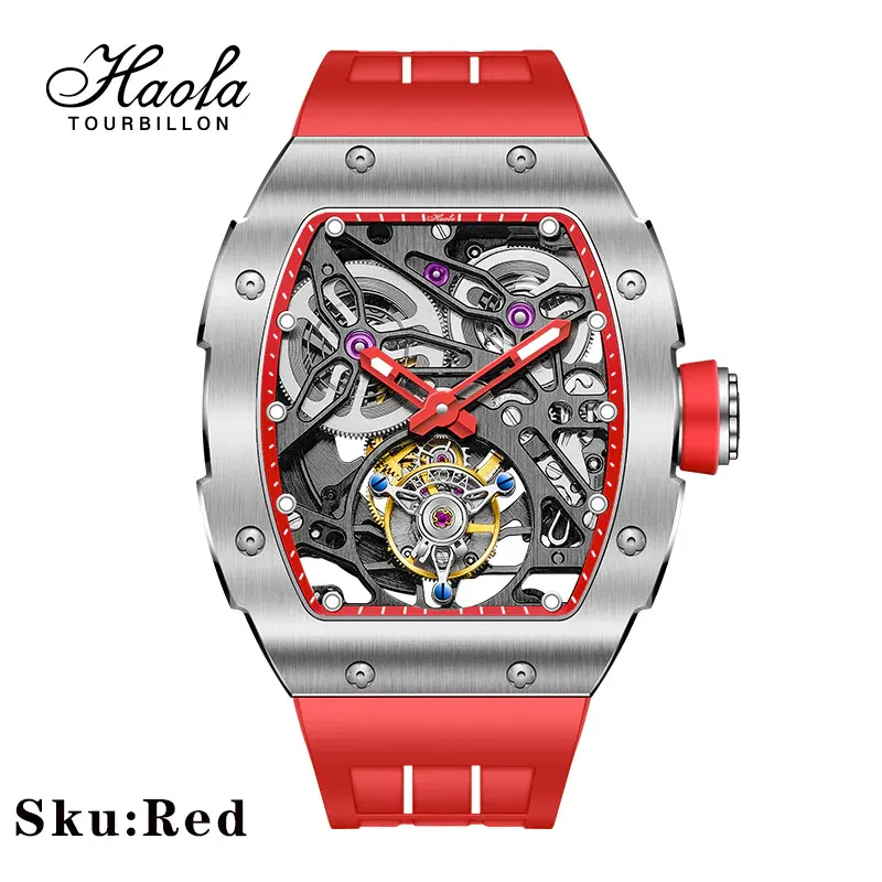 HAOFA 1908 AUTOMATIC TOURBILLON DOUBLE SPRING 72 HOURS POWER FREE SPRUNG BALANCE WHEEL WATHCES RUBBER STRAP SAPPHIRE CRYSTAL