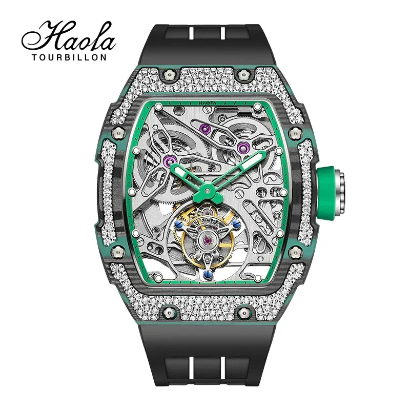 HAOFA CARBON FIBER AND CRYSTAL BEZEL AUTOMATIC TOURBILLON MOVEMENT 1901-3 FREE-SPRUNG BALANCE