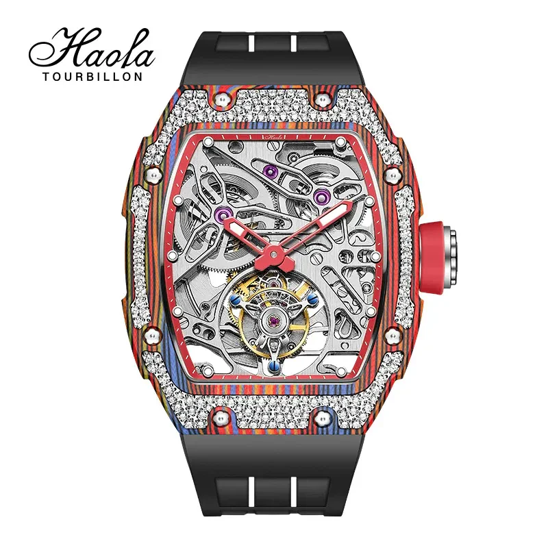 HAOFA CARBON FIBER AND CRYSTAL BEZEL AUTOMATIC TOURBILLON MOVEMENT 1901-3 FREE-SPRUNG BALANCE
