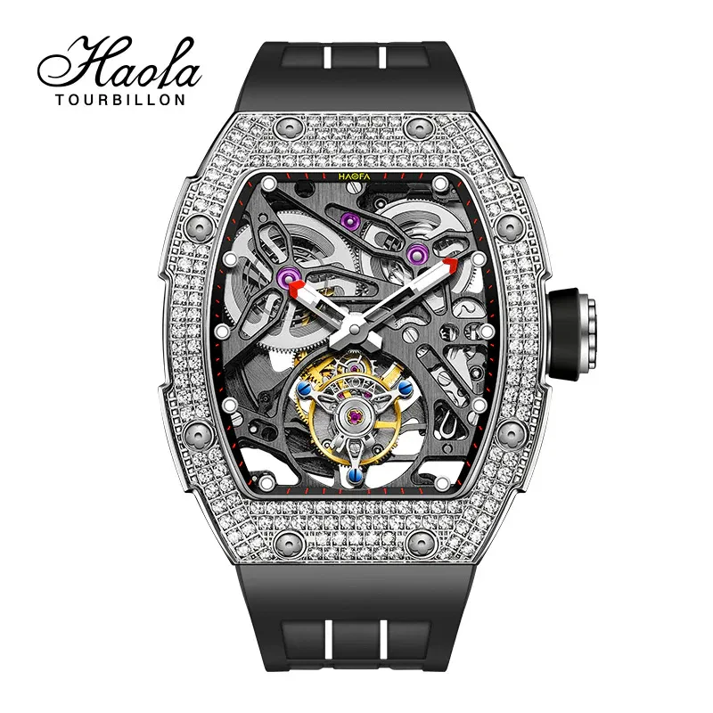 HAOFA 1901-1S AUTOMATIC TOURBILLON DOUBLE SPRING 72 HOURS POWER FREE-SPRUNG BALANCE WATHCES CRYSTAL BEZEL