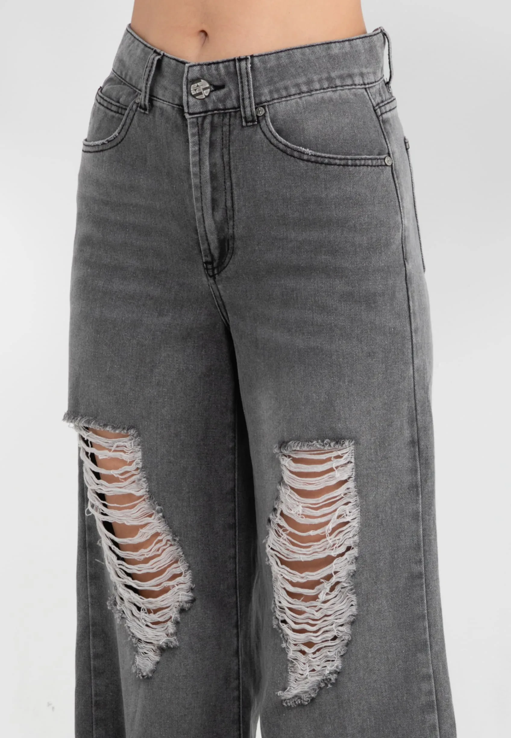 ELLE RIPPED STRAIGHT CUT JEANS - L-GREY