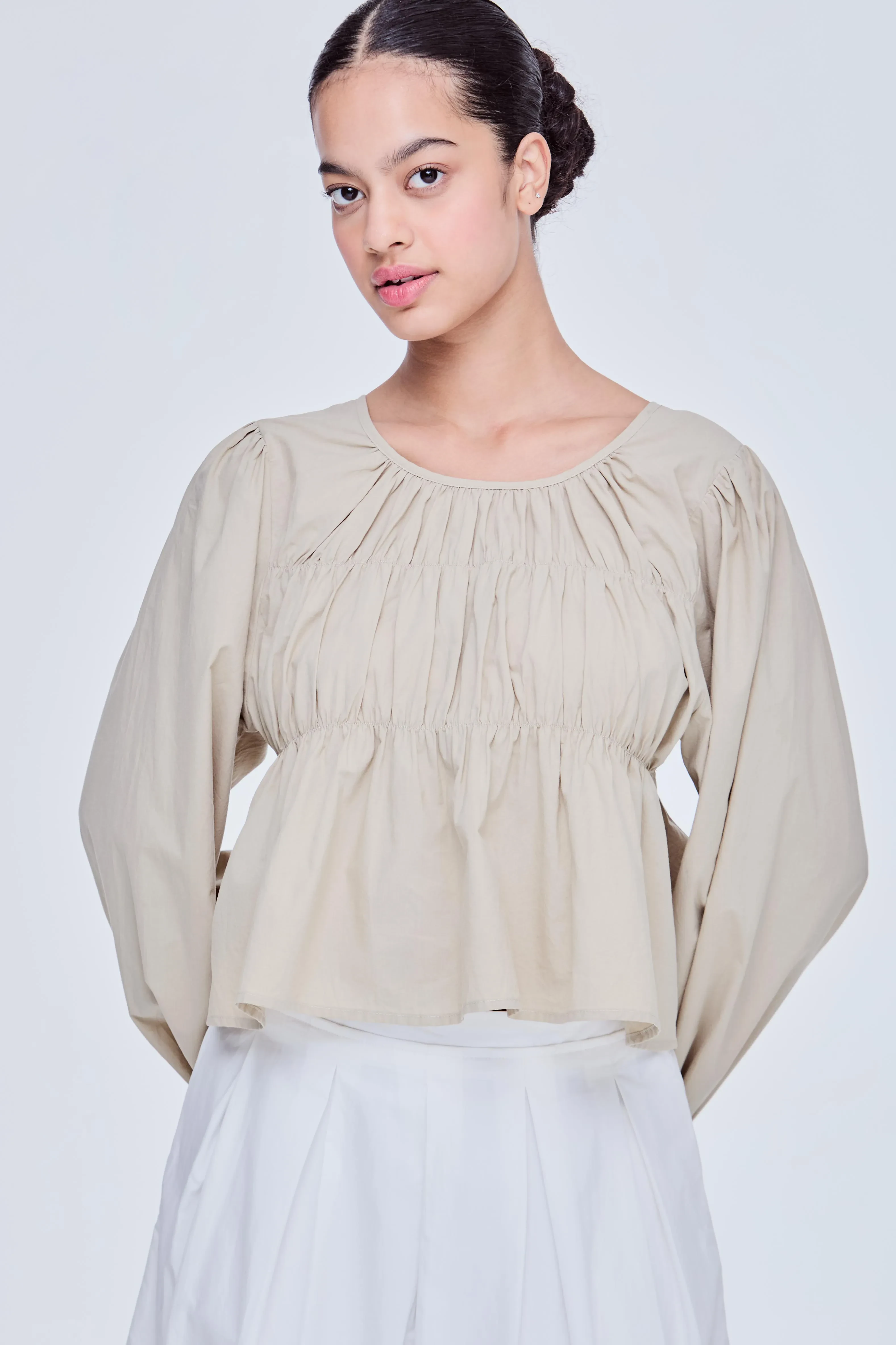 FRONT TIE BOW BLOUSE - KHAKI